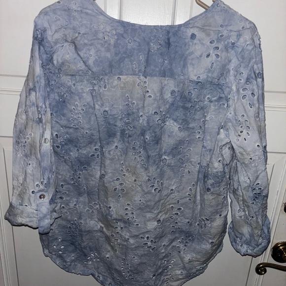 Ruby Rd Coastal Grandma Eyelet Blue White Button Up Cotton Blouse Women's PL - Picture 3 of 3